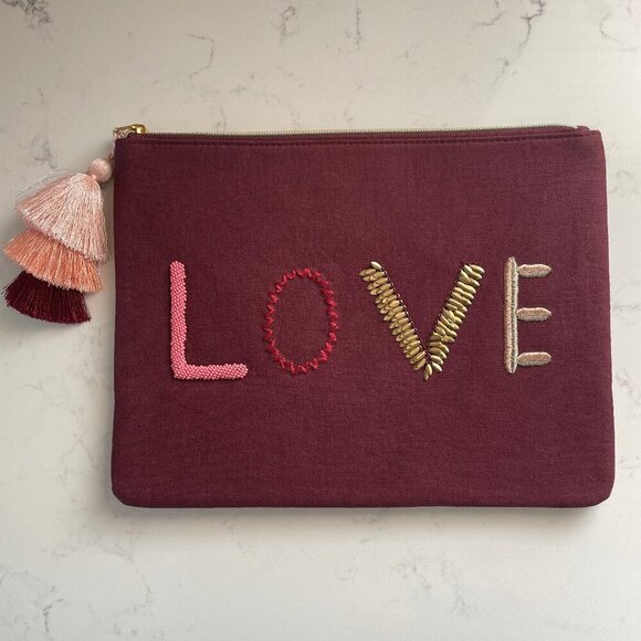 Stella & Dot 'LOVE' Retired Lined Zip Clutch w Tassel Burgundy + Pink OS NWOT - Picture 1 of 13